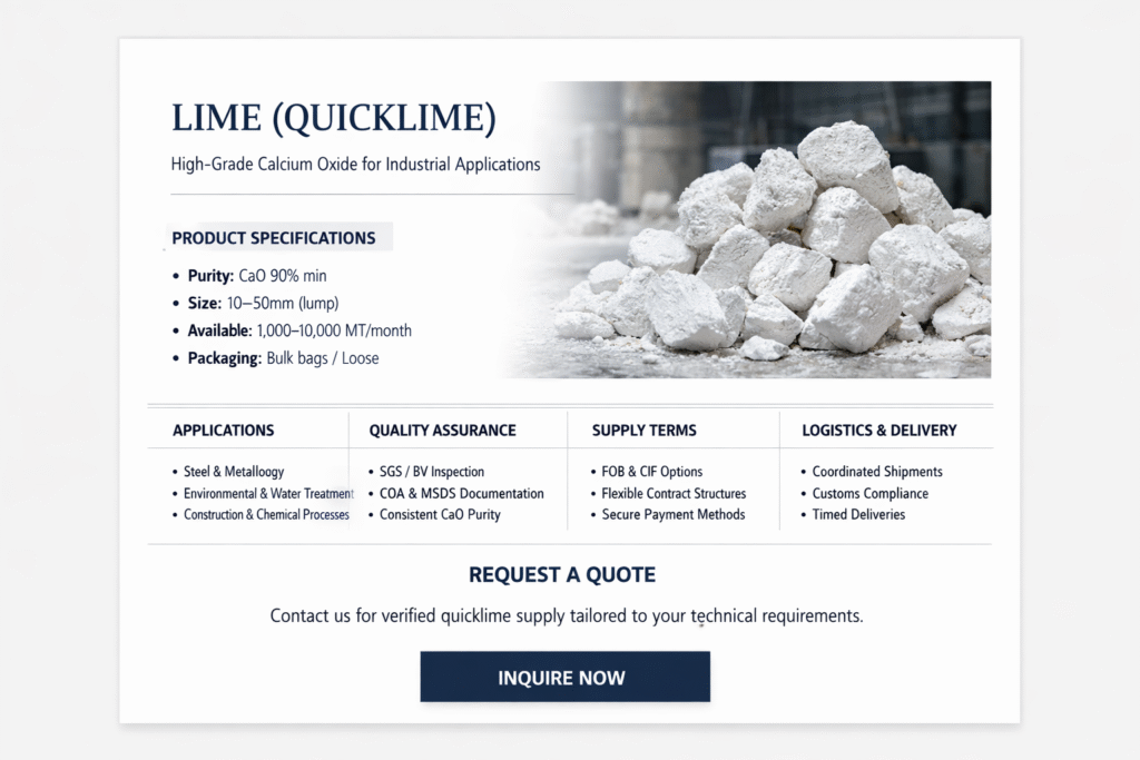 Piles of industrial quicklime (CaO) in a warehouse, ready for steel, chemical, and environmental applications