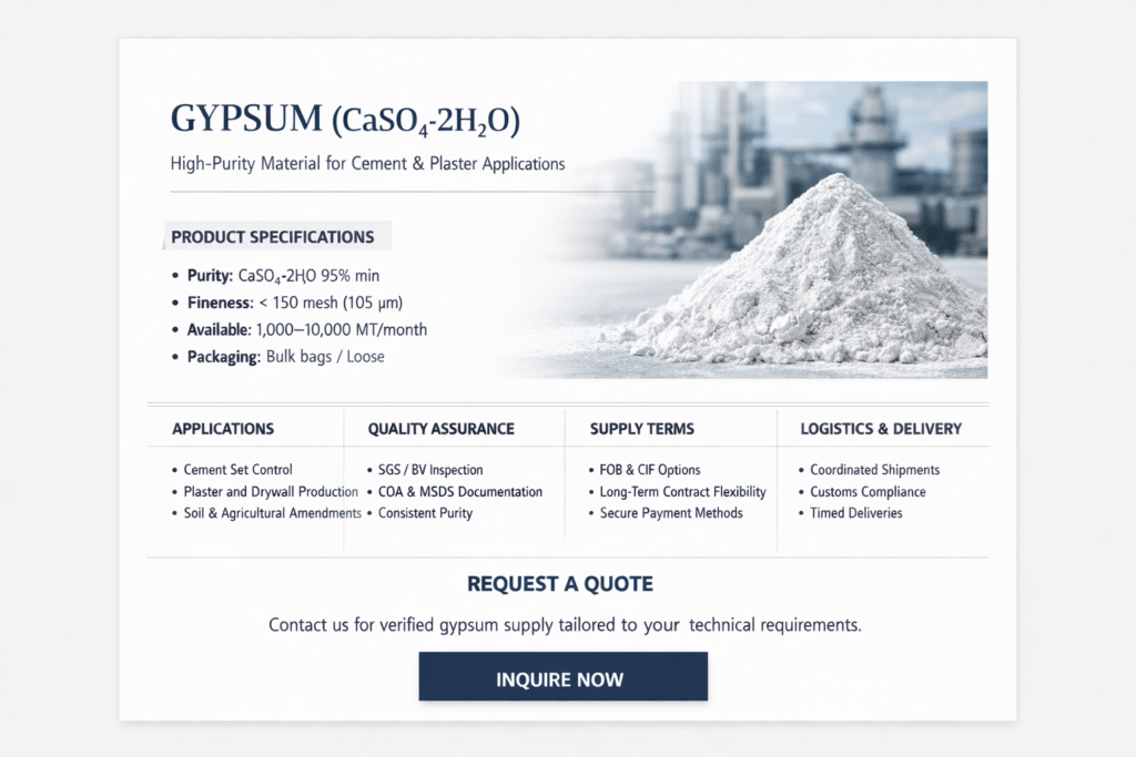 Bulk gypsum (CaSO₄·2H₂O) stored in warehouse, ready for cement, plaster, and construction applications