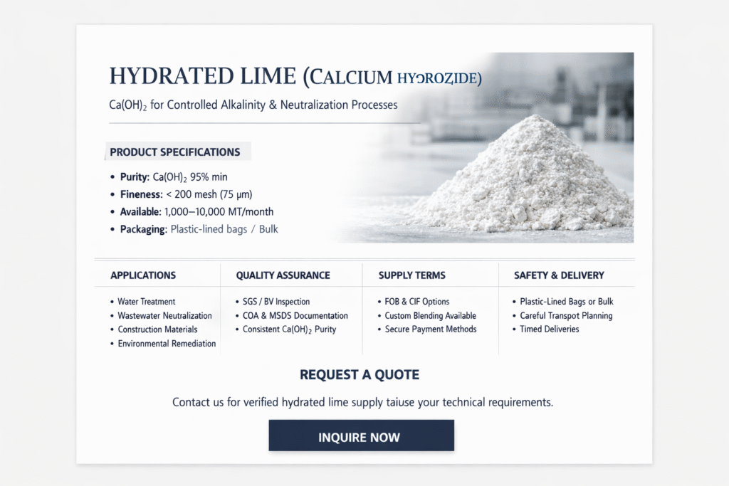 Industrial hydrated lime (Ca(OH)₂) stored in warehouse bulk bags, ready for water treatment, soil stabilization, and construction